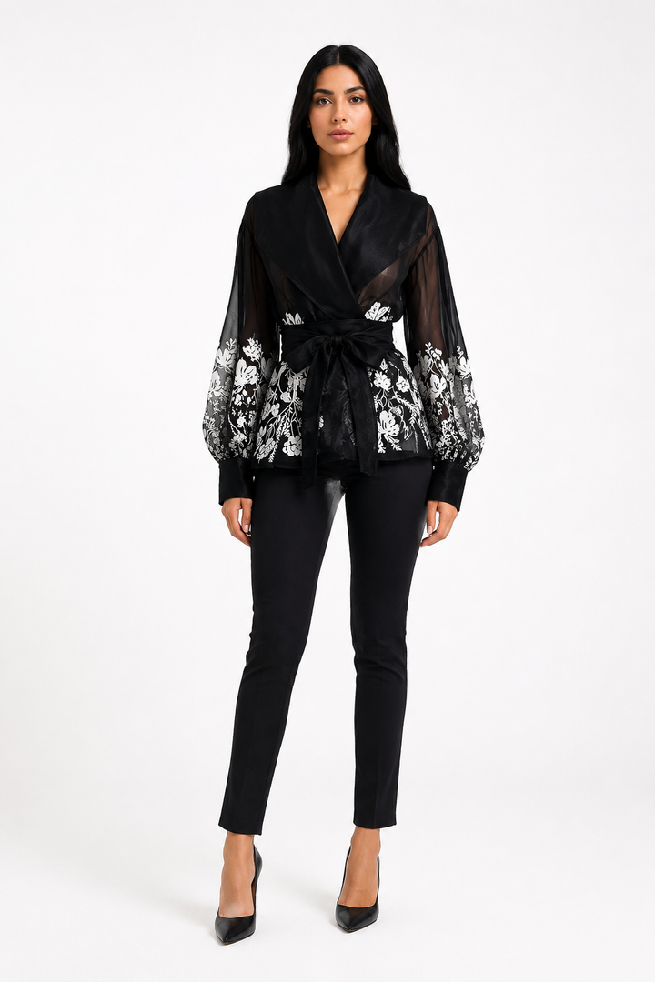Black Sheer Floral Wrap Blouse – NOIRÉLLE