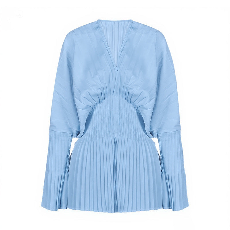 Pleated Waist V-Neck Long Sleeve Blouse – AZUREA