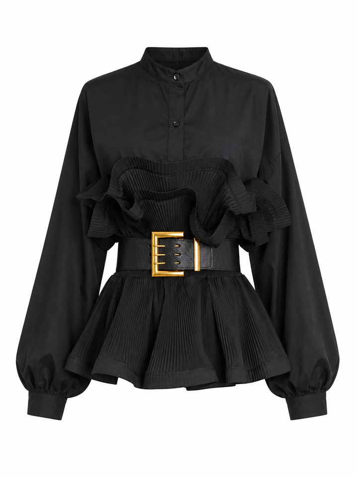 White Ruffle Peplum Belted Blouse - Pearl
