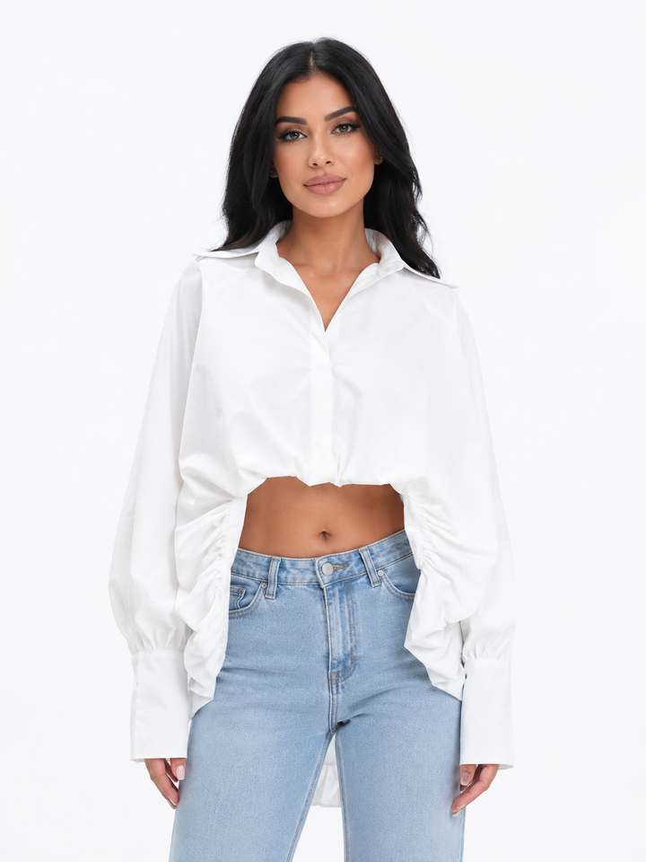 long-sleeve cropped blouse with ruched hem - Fenok