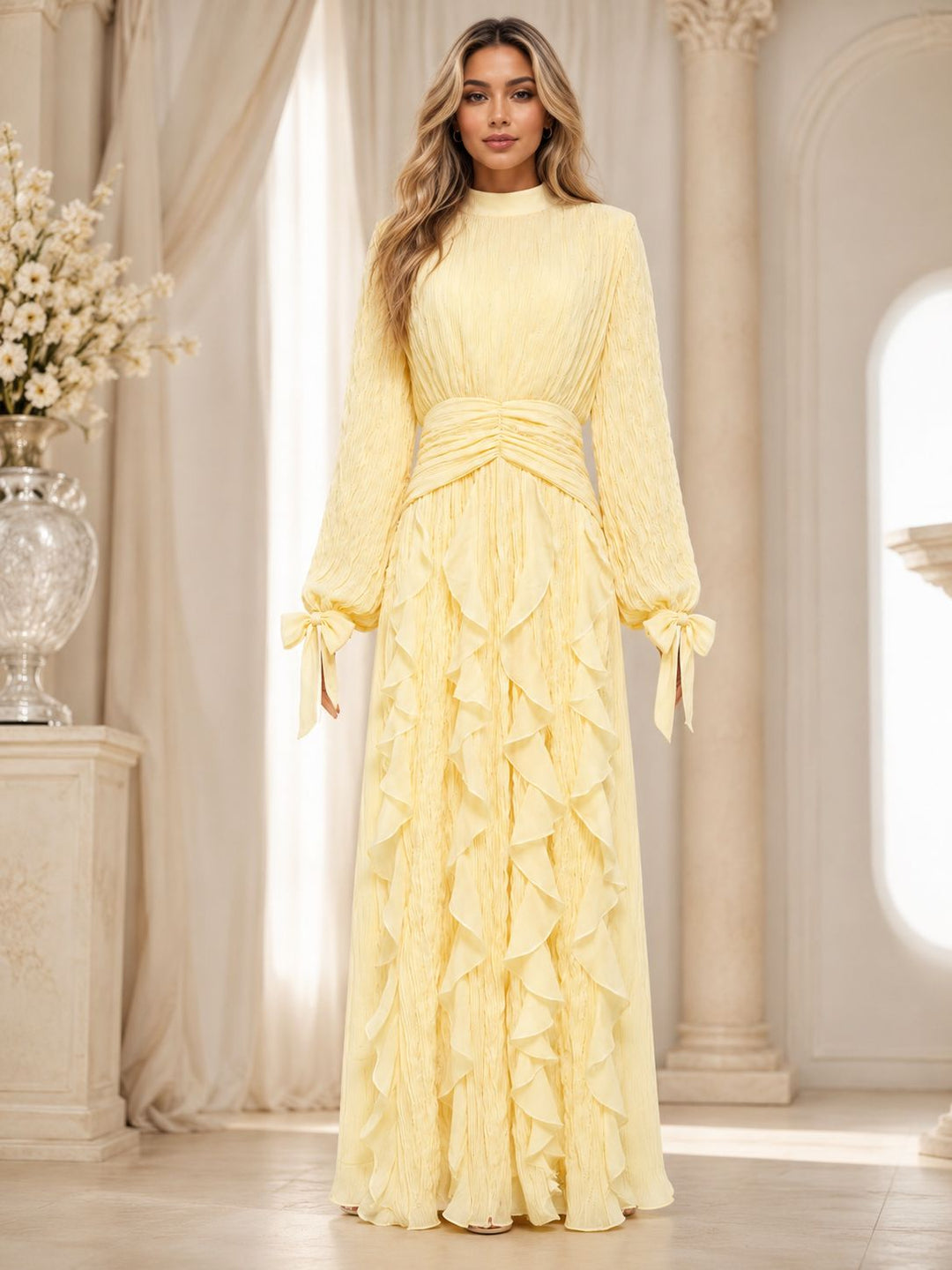 pleated chiffon ruffle maxi dress with ruched waist – RAYA