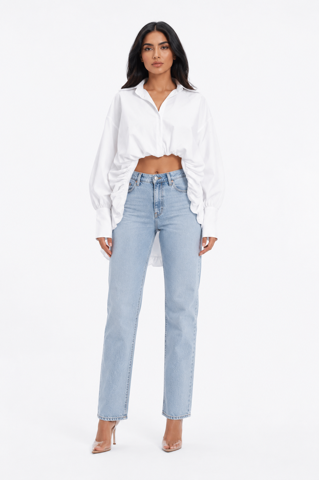long-sleeve cropped blouse with ruched hem - Fenok