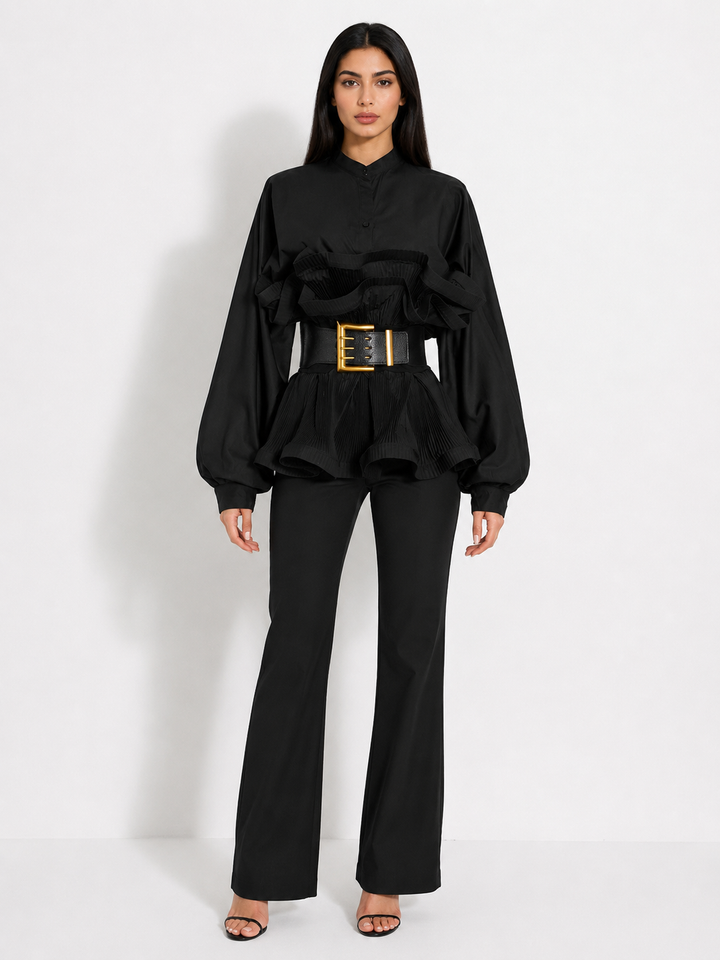 White Ruffle Peplum Belted Blouse - Pearl