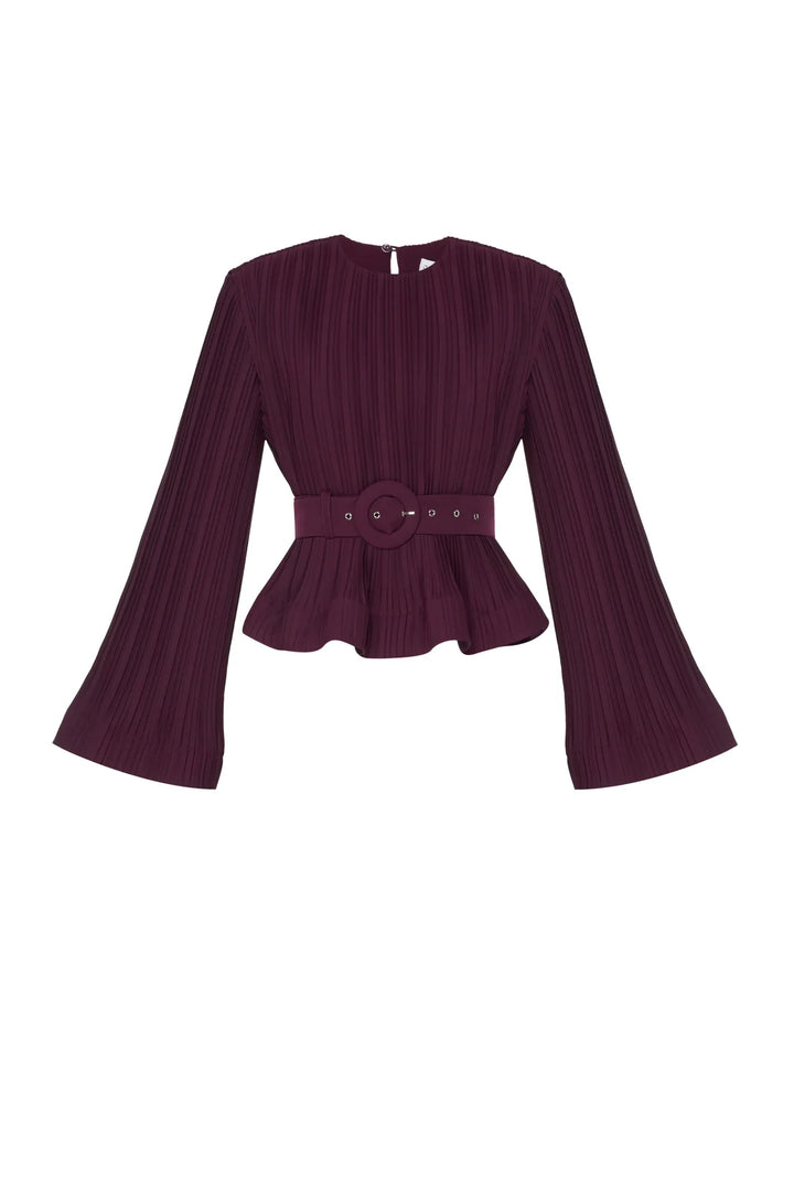 Pleated flared-sleeve top and maxi skirt set with waist belt – Rosiny