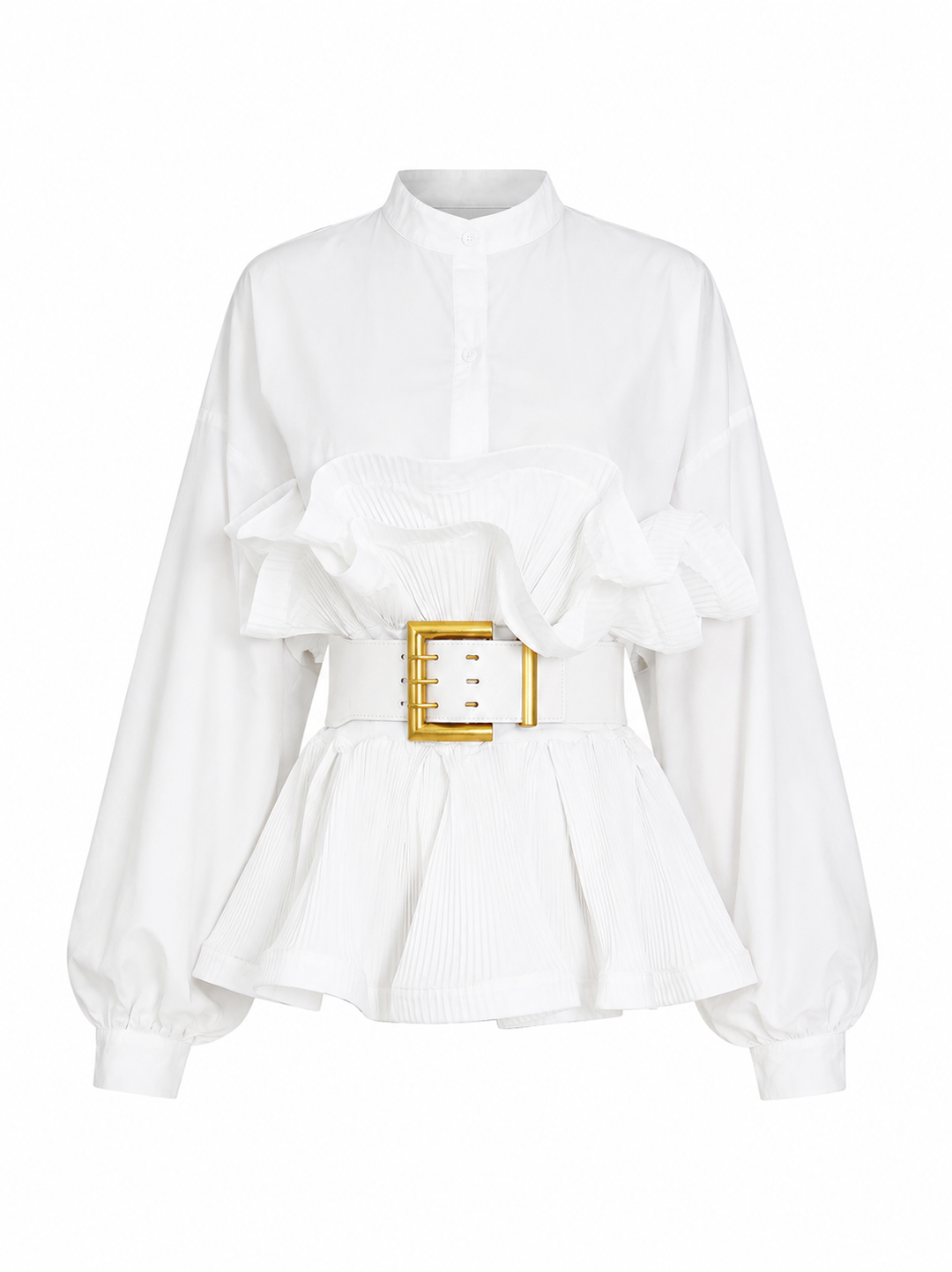 White Ruffle Peplum Belted Blouse - Pearl