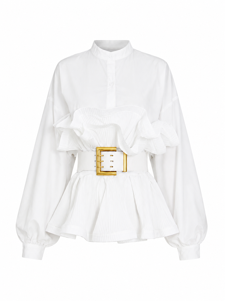 White Ruffle Peplum Belted Blouse - Pearl
