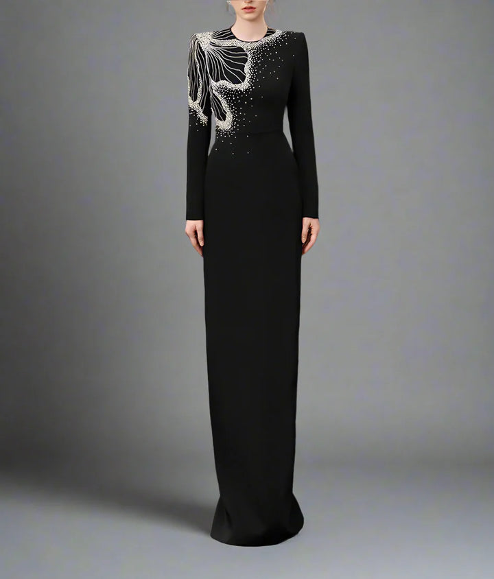 Long-Sleeve Column Dress with Beaded Floral Detail - CELESTE