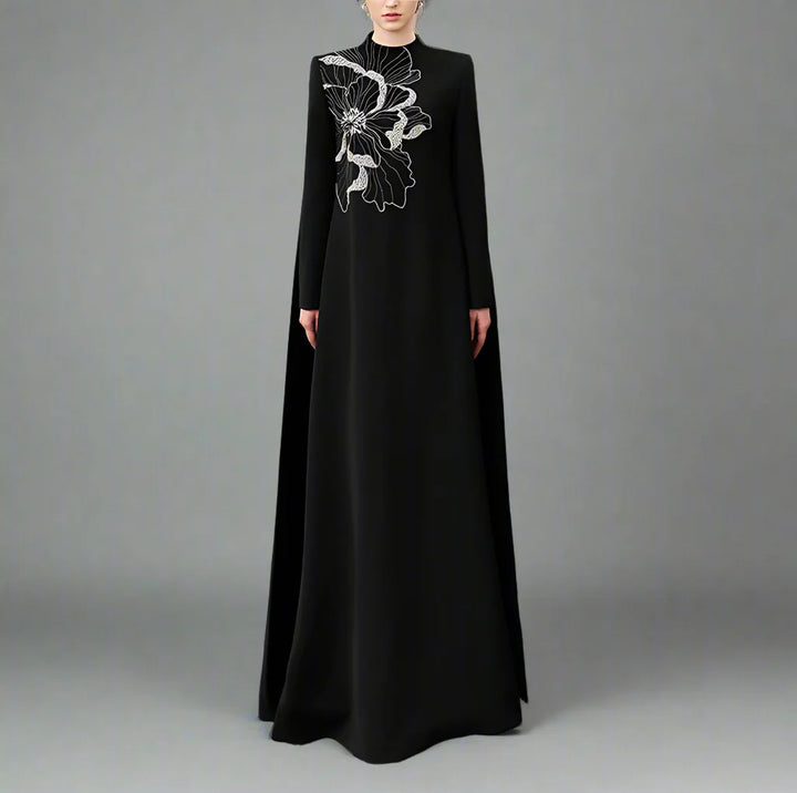 Long-sleeve flared dress with floral embellishment - BLOOM