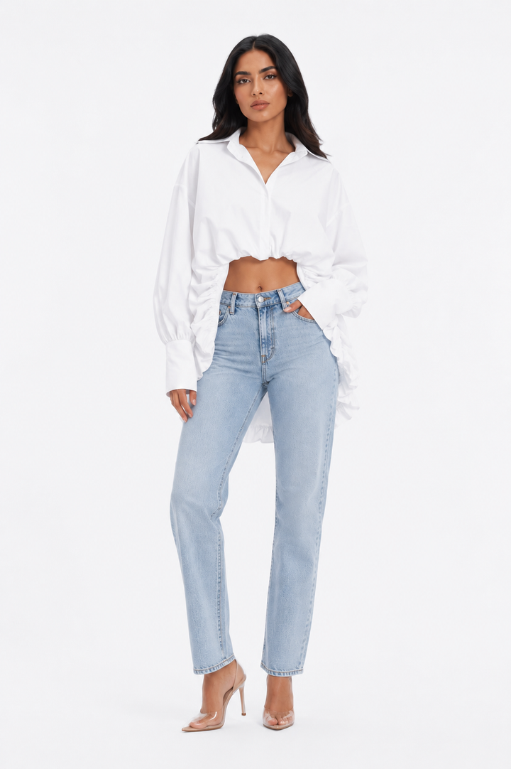 long-sleeve cropped blouse with ruched hem - Fenok