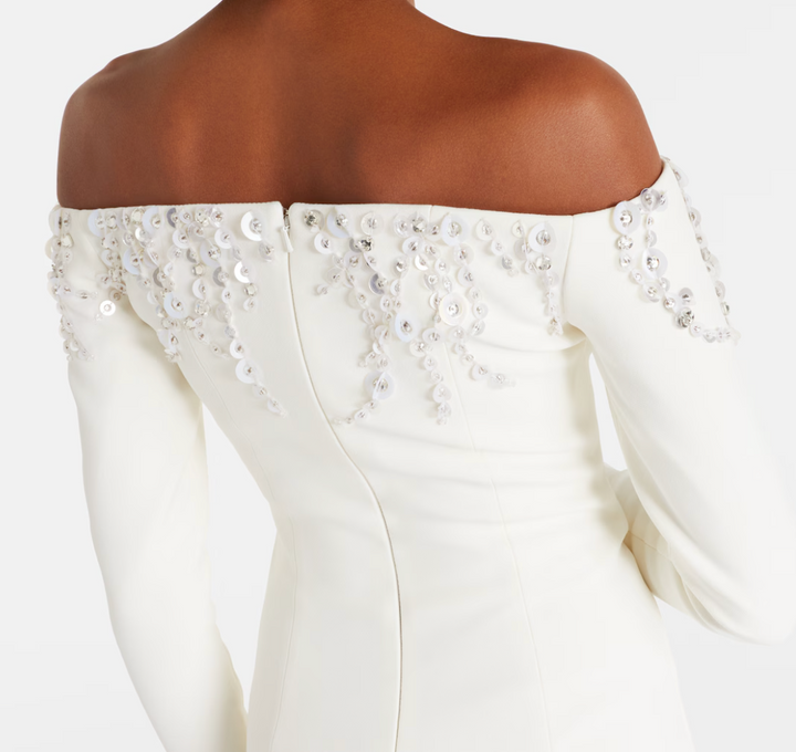 off-shoulder column gown with crystal embellished neckline – ALTHEA