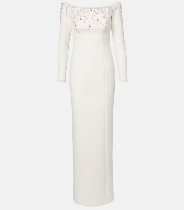 off-shoulder column gown with crystal embellished neckline – ALTHEA