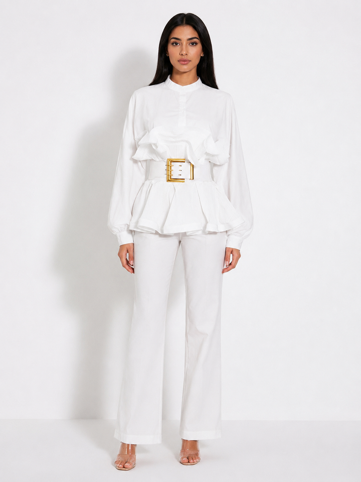White Ruffle Peplum Belted Blouse - Pearl