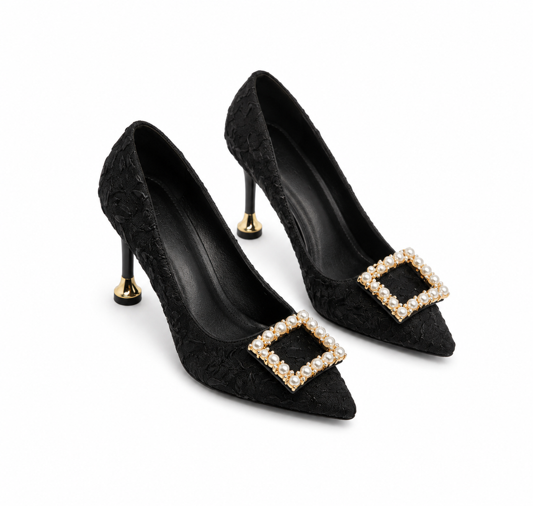 Pearl Buckle Black Stiletto Heels - Glam