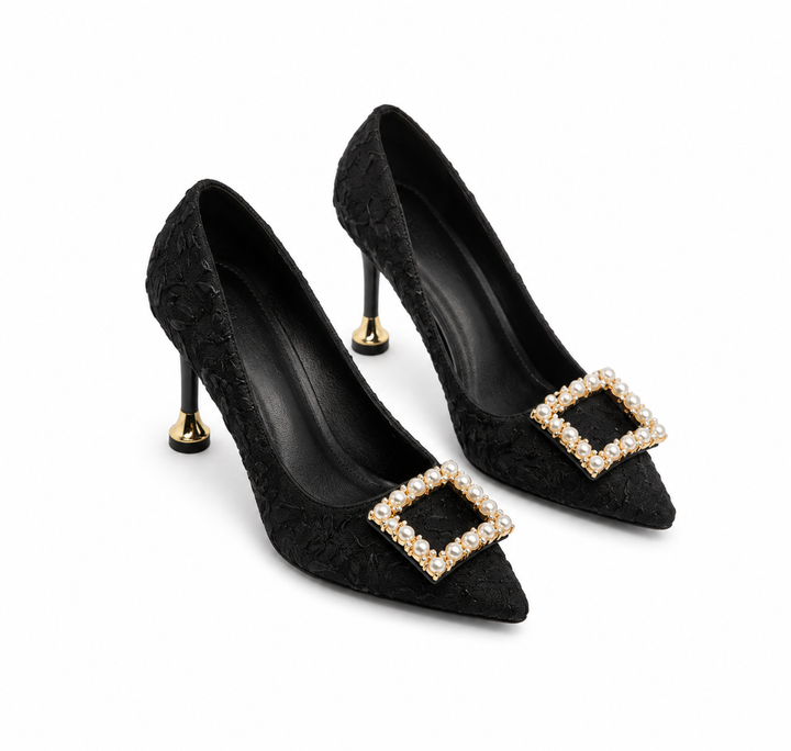 Pearl Buckle Black Stiletto Heels - Glam