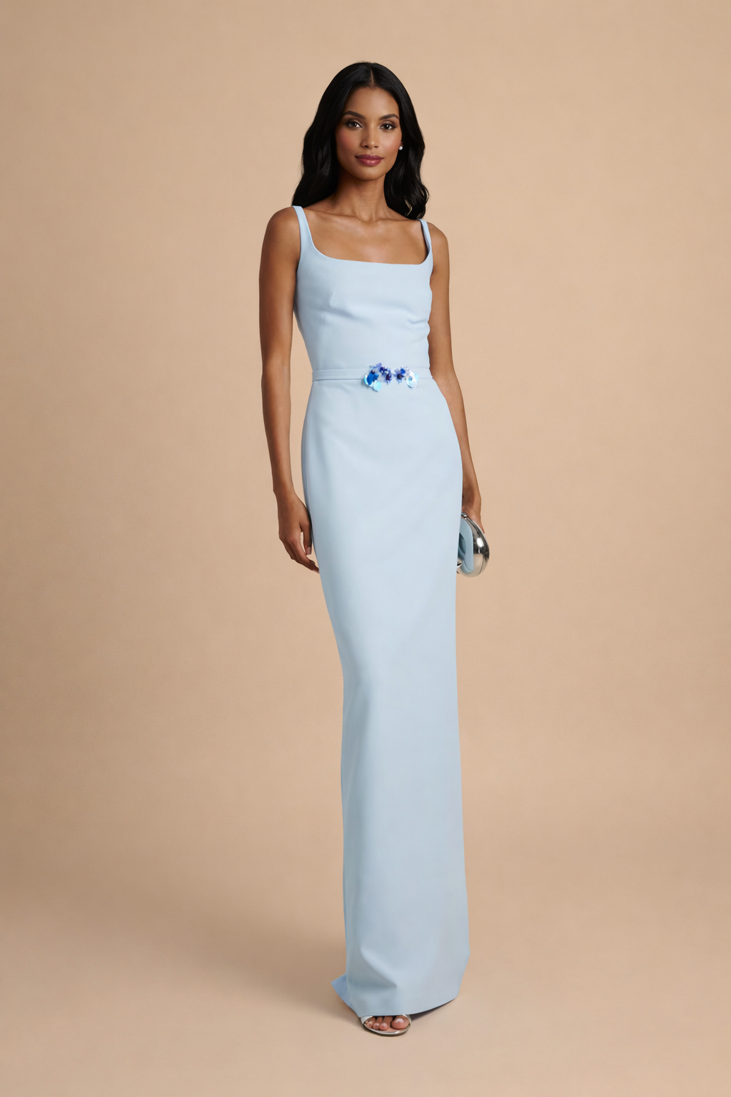 sleeveless square-neck column dress with floral waist detail – AZURIA
