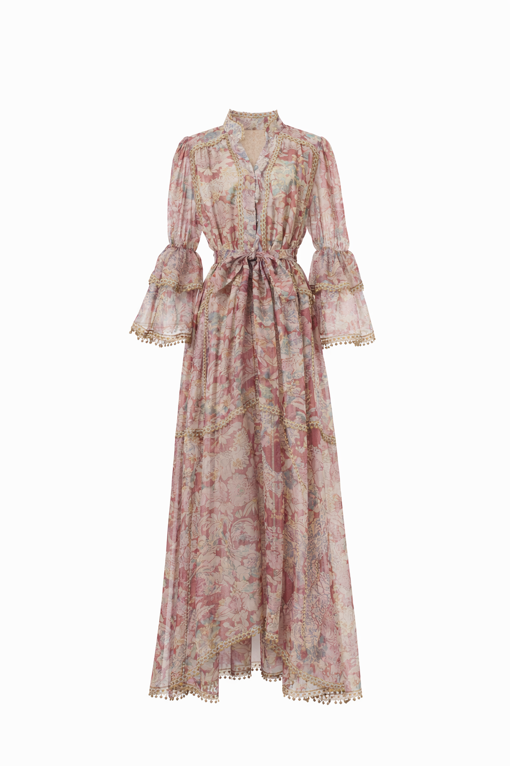 long sleeve vintage floral dress with lace panels and belted waist – AMELIA