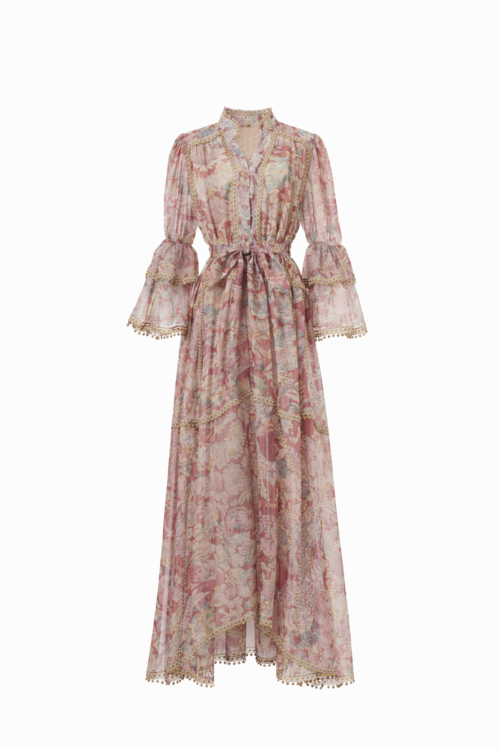 long sleeve vintage floral dress with lace panels and belted waist – AMELIA