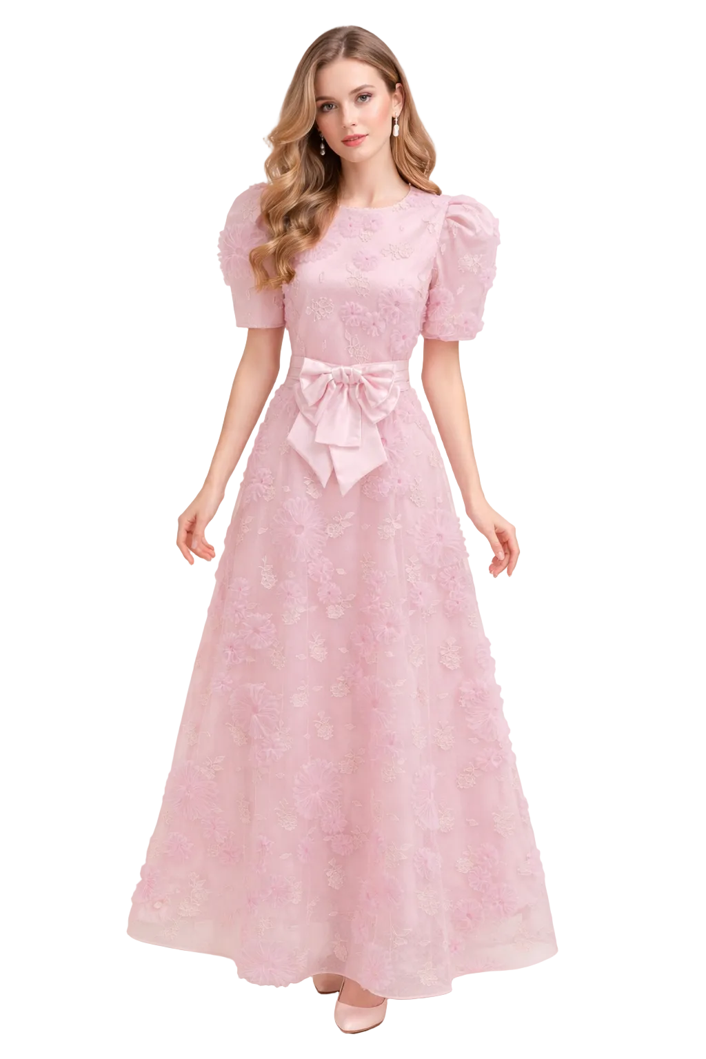 short-sleeve floral embroidered maxi dress with bow waist – ROSÉLLE