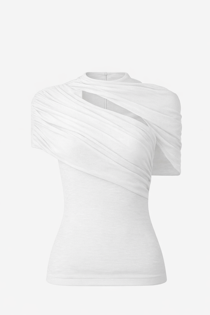 asymmetric ruched evening dress with draped neckline – VEIL