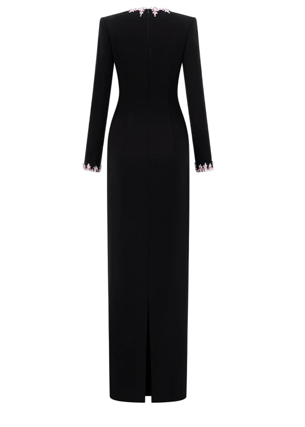 long sleeve column maxi dress with crystal neckline detail – NOIRÉ