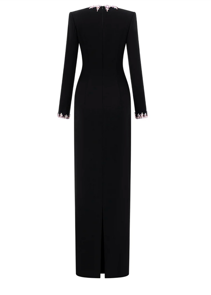 long sleeve column maxi dress with crystal neckline detail – NOIRÉ