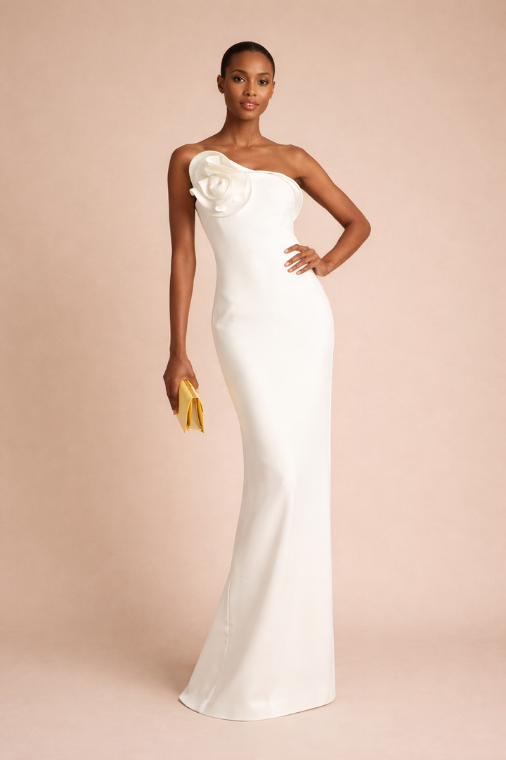one-shoulder column dress with sculpted floral detail – ALBA