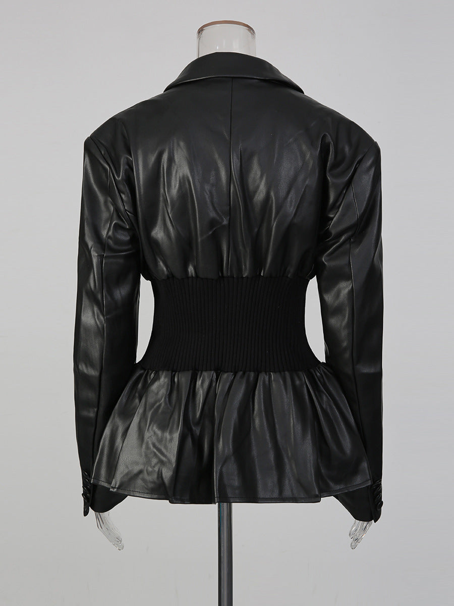 long sleeve faux leather blazer with cinched waist detail – NOIR