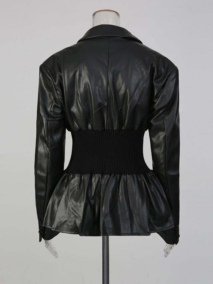 long sleeve faux leather blazer with cinched waist detail – NOIR