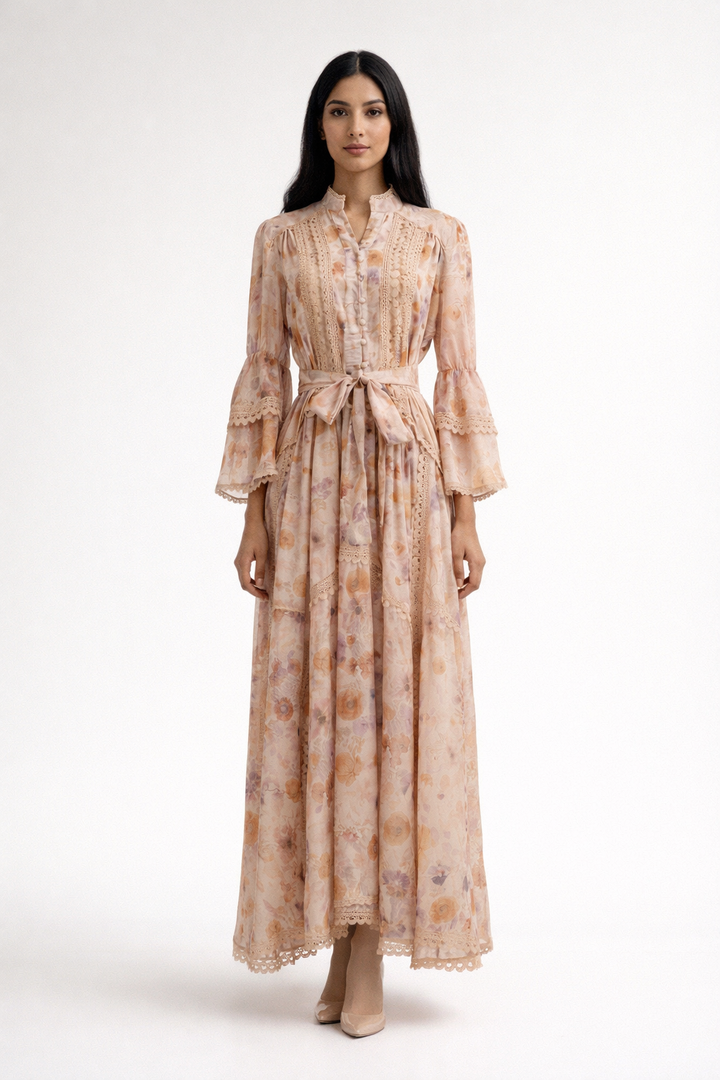 long sleeve vintage floral dress with lace panels and belted waist – AMELIA