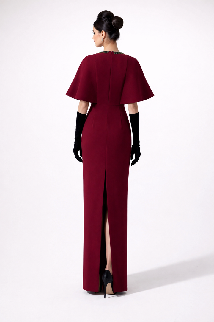 cape sleeve column gown with embellished neckline – RUBY
