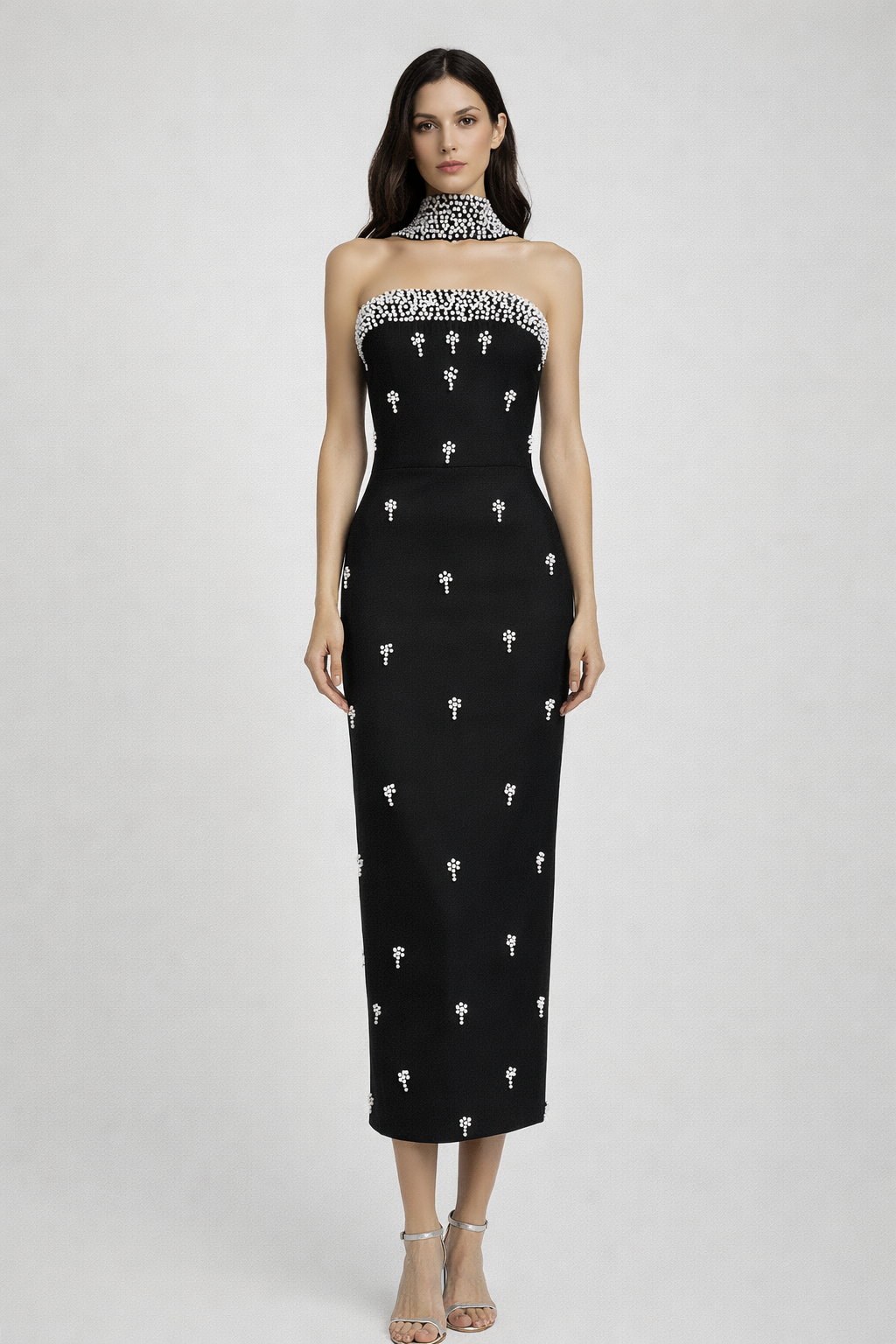 strapless fitted midi dress with pearl embellishments and choker detail – PEARL