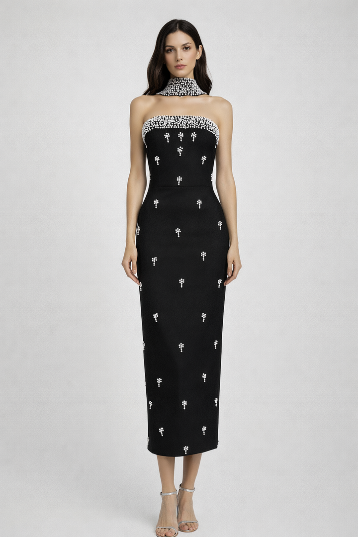 strapless fitted midi dress with pearl embellishments and choker detail – PEARL