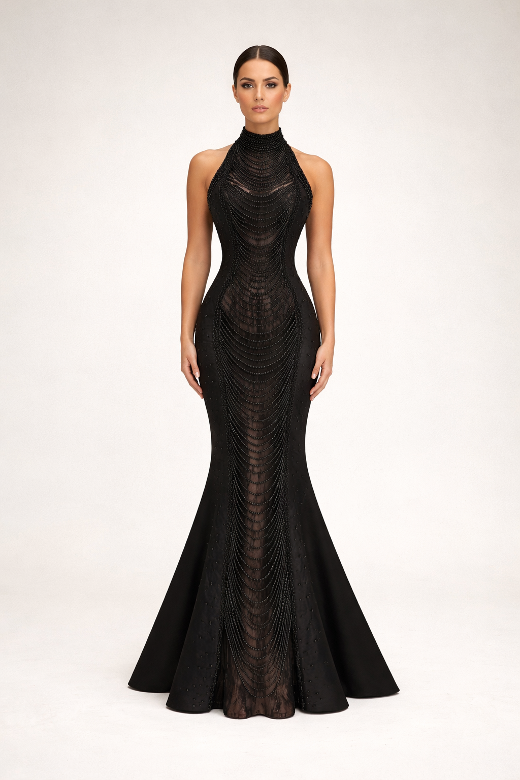 halter mermaid gown with draped beaded detailing – NOCTARA