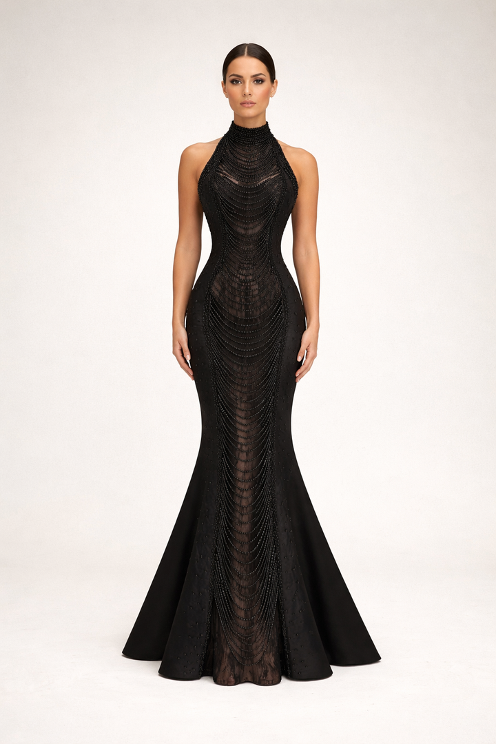 halter mermaid gown with draped beaded detailing – NOCTARA
