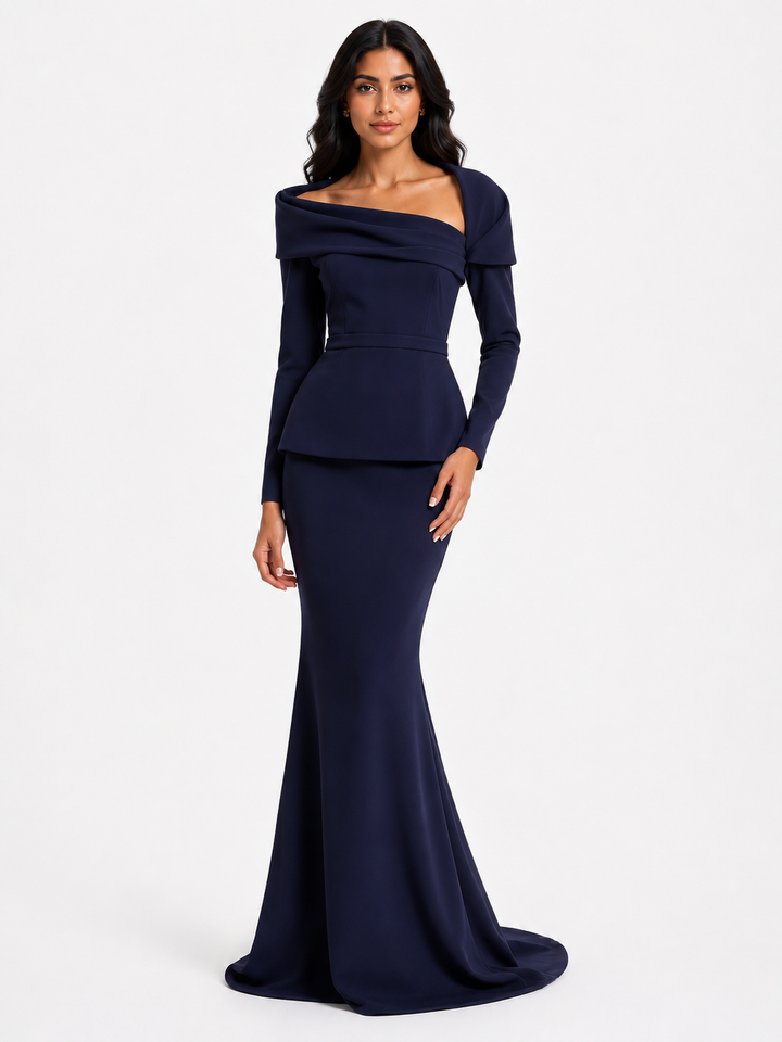 off-shoulder draped gown with peplum waist – SERENL