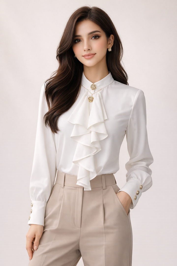 high-neck blouse with cascading ruffle front – ELARA