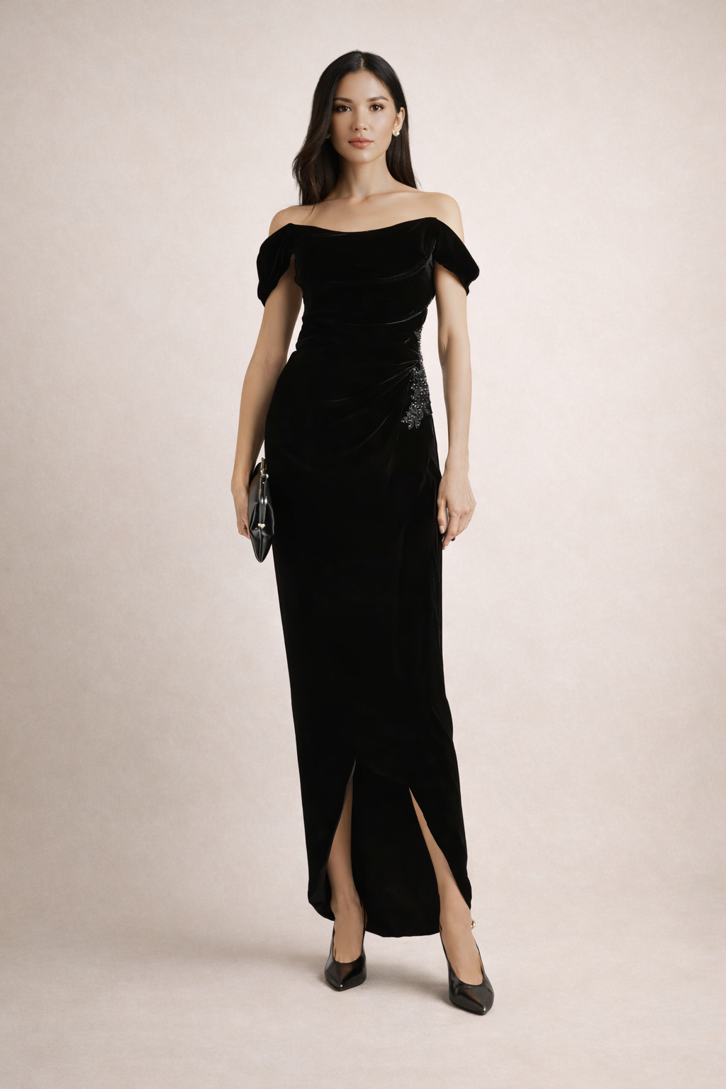 off-shoulder velvet column dress with draped bodice – EZAT