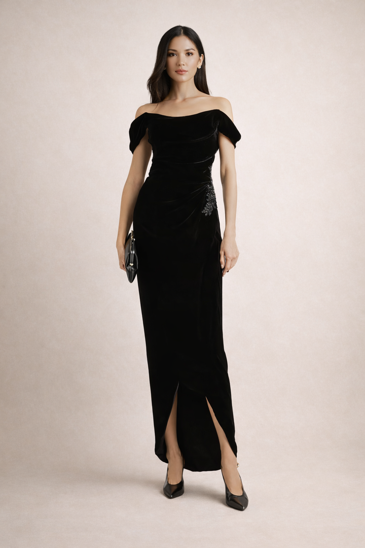 off-shoulder velvet column dress with draped bodice – EZAT