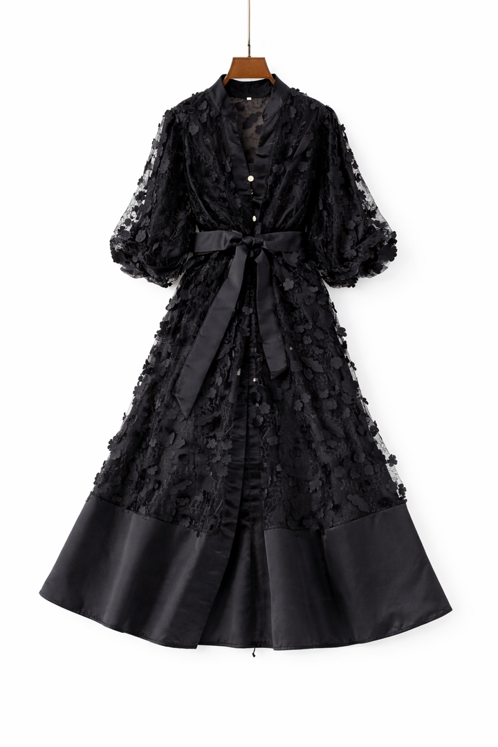 floral lace midi dress with satin hem and waist bow – ODD- BODY