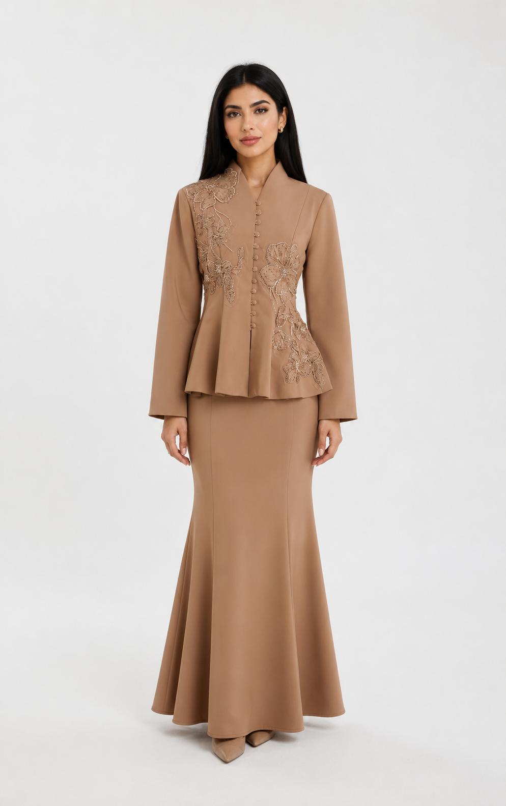 Elegant Embroidered Peplum Top & Mermaid Skirt Set - Champagne