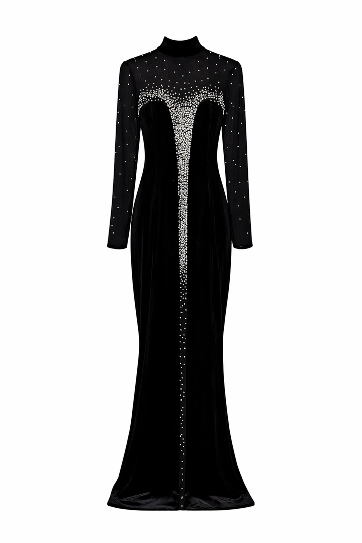 long sleeve sheer yoke maxi dress with crystal front detail – NOIR