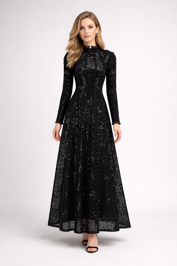 long sleeve embellished lace midi dress with high neck – CHAMPAGNE