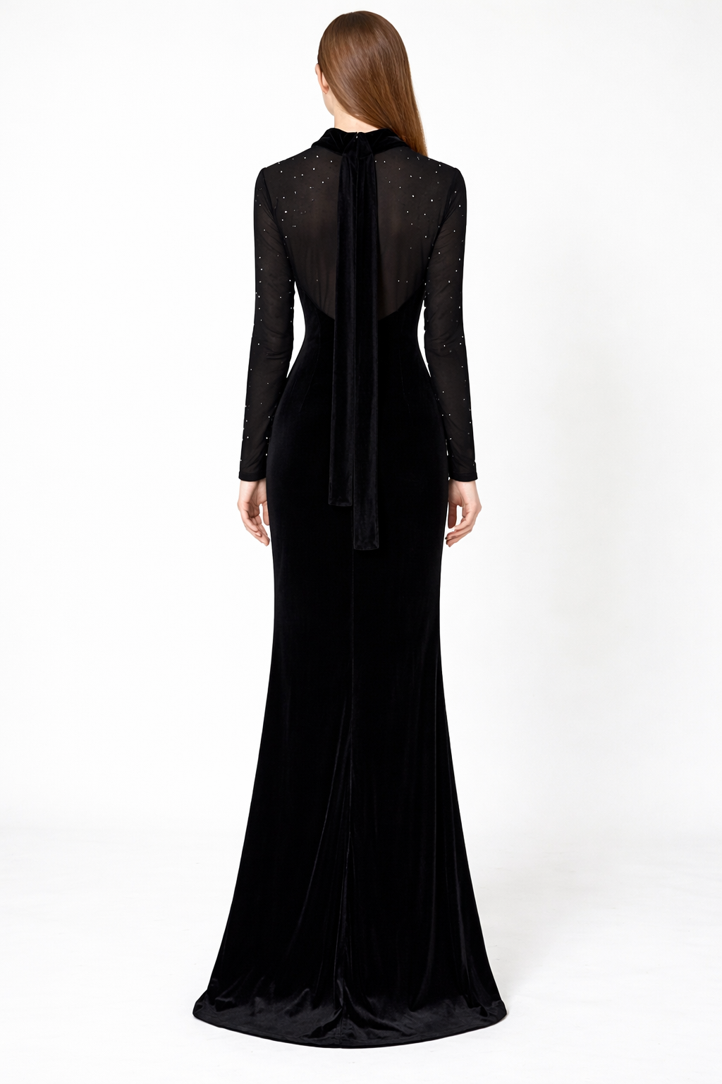 long sleeve sheer yoke maxi dress with crystal front detail – NOIR