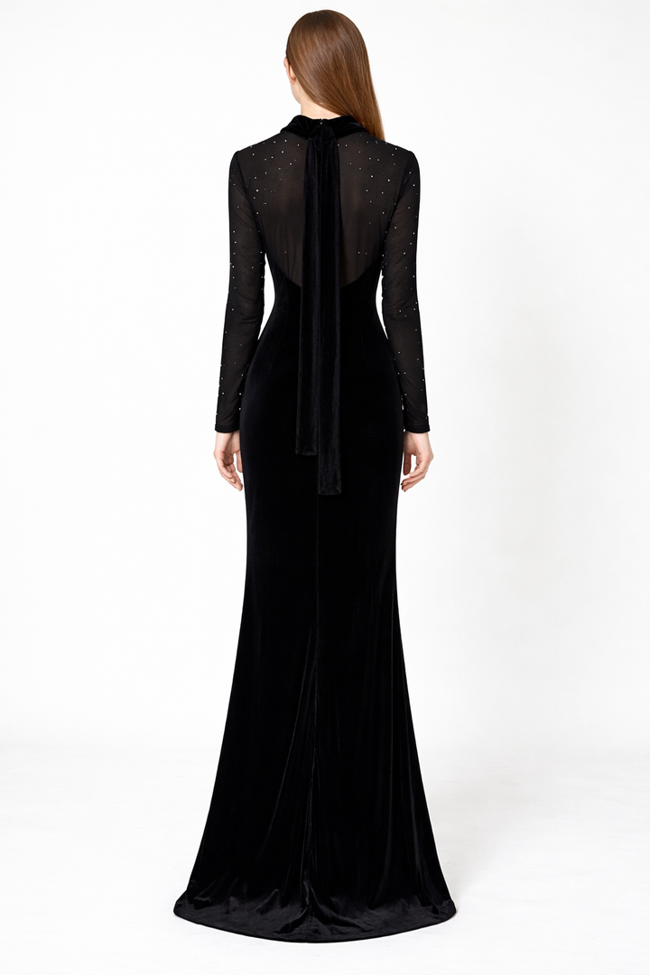 long sleeve sheer yoke maxi dress with crystal front detail – NOIR
