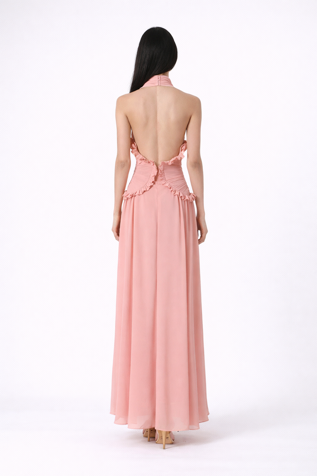 halter neck maxi dress with ruched ruffle waist – SOLARA