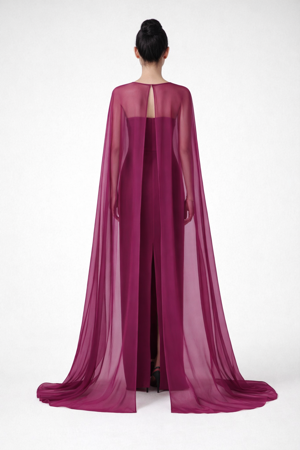 strapless column gown with sheer cape overlay – FUCHSIA