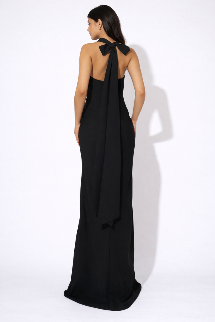 halter neck column maxi dress with draped neckline – OLIVIA