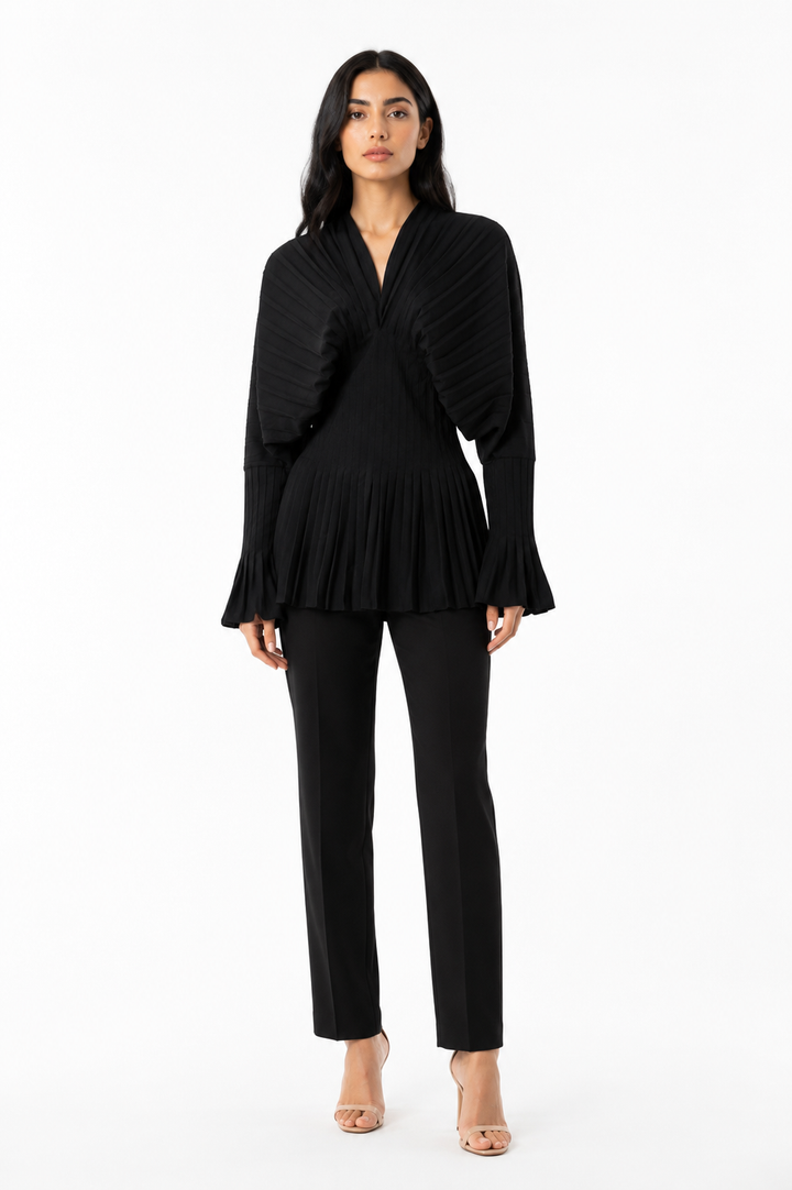 Pleated Waist V-Neck Long Sleeve Blouse – AZUREA