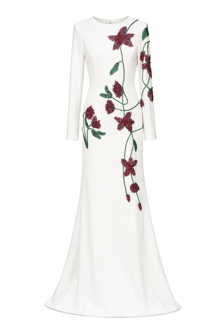 long sleeve column maxi dress with floral embroidery – BLOSSOM