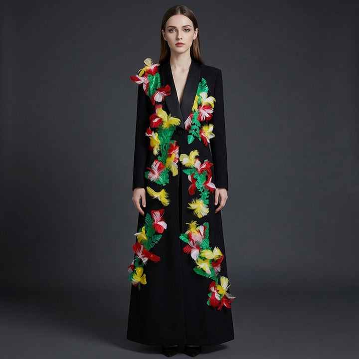 long-sleeve blazer coat with feather floral embellishments – FLORÉA